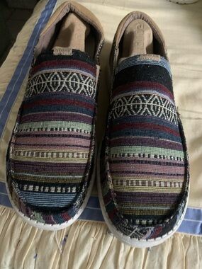 Hey Dude Tan and Navy Striped Slip-On Sneakers